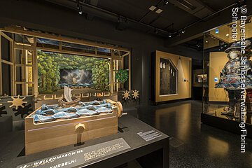 Ein Ausstellungsraum mit verschiedenen interaktiven Stationen