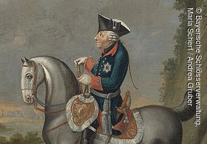 Gemälde, Friedrich der Großen zu Pferd, nach Daniel Chadowiezki (1726-1801). Ausstellung Friedrich der Große 2012. Kulmbach, Plassenburg