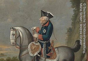 Gemälde, Friedrich der Großen zu Pferd, nach Daniel Chadowiezki (1726-1801). Ausstellung Friedrich der Große 2012. Kulmbach, Plassenburg