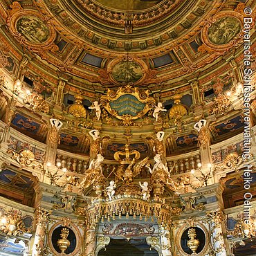 Bayreuth, Markgräfliches Opernhaus, Innenansicht nach der Restaurierung, Zuschauerraum, Blick auf die Fürstenloge, die Ränge und die Decke, nach der Restaurierung