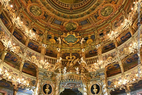 Bayreuth, Markgräfliches Opernhaus, Innenansicht nach der Restaurierung, Zuschauerraum, Blick auf die Fürstenloge, die Ränge und die Decke, nach der Restaurierung