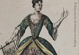 Barockes Theaterkostüm der Penelope aus der Bayreuther Stichsammlung „Neueröffneter Masquen-Saal“, Johann Meßelreuter, 1723