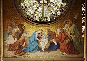 Schloss Stolzenfels in Außen- und Innenansichten.. Hier ein Wandgemälde aus der Kapelle.Das Wandgemälde im nördlichen Querarm der Kapelle zeigt die “Anbetung des Christkindes“ von Ernst Deger, der die Schlosskapelle zwischen 1853 und 1857 ausgemalt hat.